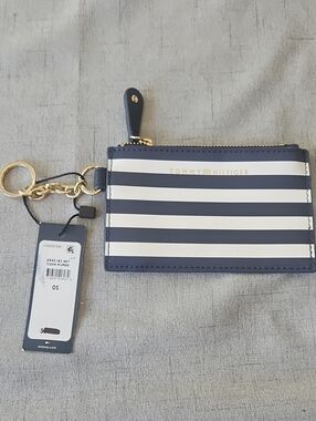 Tommy Hilfiger Navy & White Striped Card Holder with Gold Key Ring